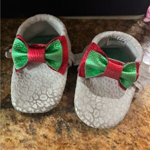 Darcy Baby Shoes with Red and Green Bow